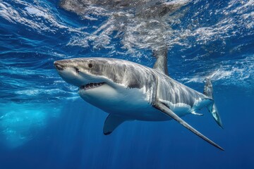 Fototapeta premium Great white shark gliding through crystal-clear waters near Guadalupe Island, showcasing its powerful presence in a serene underwater environment