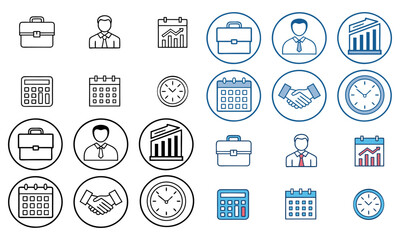 Collection of business and finance icons with briefcase calendar and clock motifs