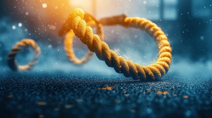 Vibrant Yellow Rope on Wet Surface with Sparkling Background Effects