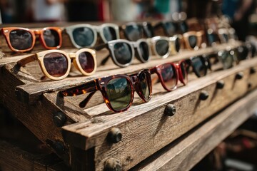 Stylish sunglasses displayed on rustic wooden stand at outdoor market under bright sunlight showcasing various designs and colors for summer accessorizing