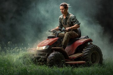 Fototapeta premium Professional lawn mower operator skillfully maneuvering a powerful riding mower through thick grass in a lush green landscape during early morning hours