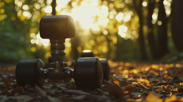 Weightlifting Dumbbell in a Sunlit Forest During Fall Season