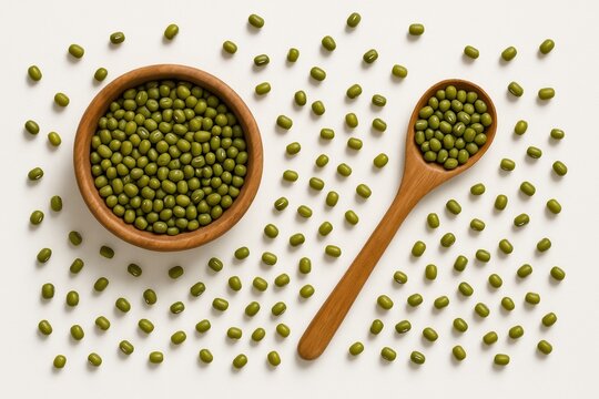  flat lay composition with green munga beans on a white background. A wooden bowl and a spoon full of beans create a cozy atmosphere.