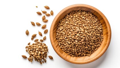 A wooden bowl with coriander seeds and spices scattered around. The perfect still life for culinary projects and healthy eating.