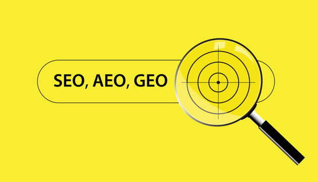 SEO, AEO and GEO Search Concept. Magnifying glass focusing on target symbol, visibility, success, business forecast, analysis, marketing and future predictions.