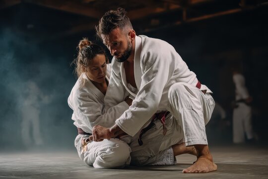 Brazilian Jiu Jitsu athletes engage in a focused training session inside a dimly lit gym during the evening, honing their grappling techniques and skills together