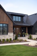 Fototapeta premium Modern farmhouse exterior showcasing a beautifully designed entrance with stone and wood finishes, surrounded by lush green landscaping and a clear sky backdrop