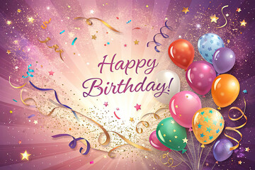 birthday card an explosion of multicolored balloons, confetti, and streamers. The background a dazzling mix of pink, purple, and gold, with a large, elegant 'Happy Birthday!' written in a shimmering