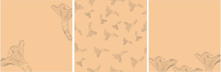 Set of chanterelles on a pale orange background. Hand-drawn sketch style. Perfect for social media (instagram), textiles, packaging, and backgrounds.