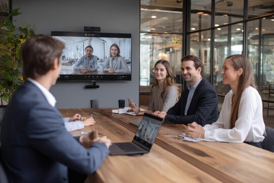 Hybrid team meeting in modern office with video conference technology connecting remote participants
