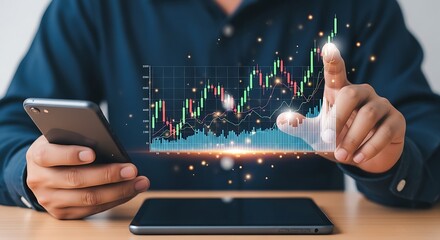 A businessman analyzes a stock market chart on a virtual interface using his phone and tablet