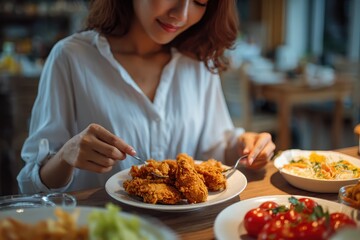 Healthy eating journey of a young woman dining in a cozy restaurant while enjoying a dish of fried chicken with fresh vegetables on the table during lunchtime