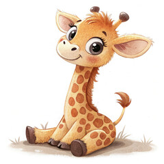 A cheerful baby giraffe with a long, slightly curved neck, sitting on the ground with its legs tucked under. It has warm orange fur with soft brown patches, big round eyes with long lashes