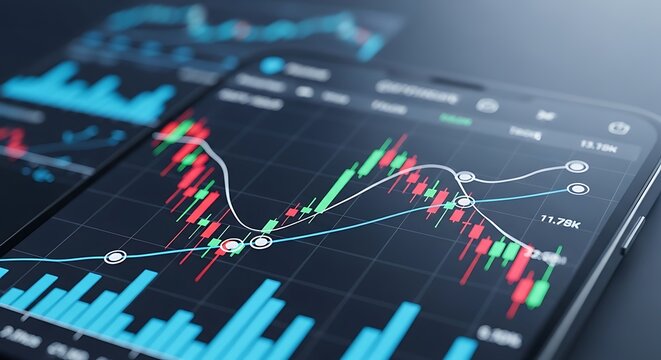 A smartphone displays a stock market chart with candlestick patterns and trading data
