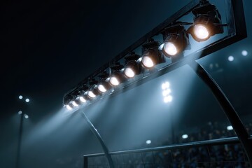 Soccer stadium lights reflectors shine brightly against a dark background, illuminating the field for evening matches and enhancing the atmosphere for players and fans