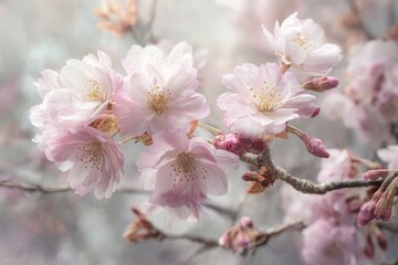 Pink cherry blossoms sway gently in the wind, creating a serene atmosphere in a flowering garden during springtime