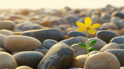 Obraz premium Yellow Flower Growing Among Smooth Stones in Nature's Landscape