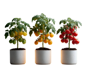 Three Potted Tomato Plants with Yellow, Orange, and Red Tomatoes on transparent background