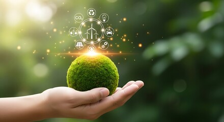 A hand holding a green moss ball with sustainable energy icons floating above it