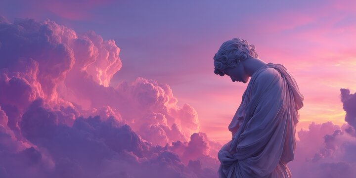 A classical statue stands against a vibrant backdrop of pink and purple clouds at sunset, creating a dreamy and surreal atmosphere.