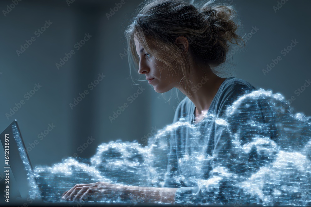 Poster woman transfers data from computer in modern workspace while utilizing cloud technology during late 