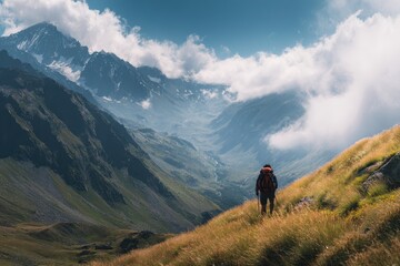 Hiking through scenic mountain landscape with dramatic clouds and expansive views during daytime adventure