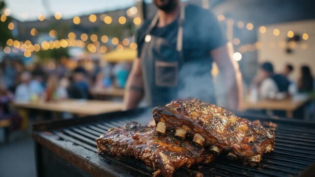 Experience mouthwatering smoked ribs and juicy pulled pork sizzling on a rustic grill at a vibrant food truck festival, surrounded by cheerful crowds.