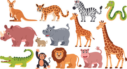 A collection of cute wild cartoon animals including a lion, giraffe, zebra, and hippo.