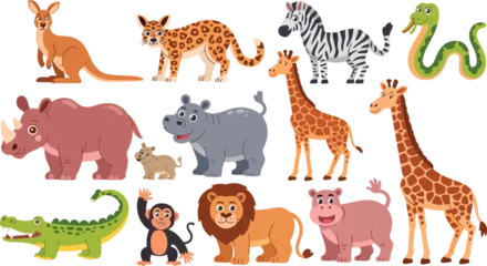 Fotobehang Dierentuin A collection of cute wild cartoon animals including a lion, giraffe, zebra, and hippo.  © Shahriar