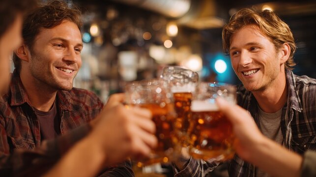 Happy mid adult friends clinking with beer mugs in pub. Three cheerful guys drinking draft beer, celebrating meeting and smiling. Laughing young men enjoying cold pint of beer during night at bar. , 