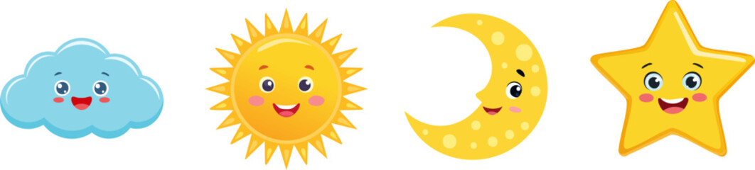 Cute cartoon weather and sky elements: cloud, sun, moon and star icons