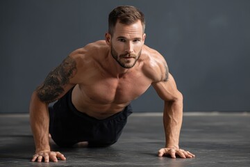 Obraz premium Young athletic man doing pushups indoors in a modern gym setting under soft lighting to enhance focus on his physical form and effort
