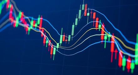 A detailed stock market chart displays candlestick patterns, indicating financial trends and investment opportunities