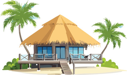Fototapeta premium Overwater Tropical Resort Hut with Palm Trees and Clear Blue Sky