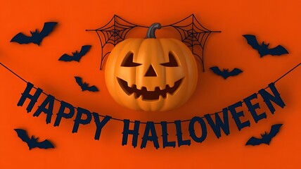 Festive halloween decoration featuring a jack o lantern surrounded by flying bats and a happy halloween banner against a vibrant orange background