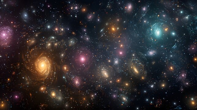 Birds eye panoramic view of distant galaxy cluster with multiple colorful spiral and elliptical galaxies natural cosmic dust glow ultra high resolution with detailed starscapes and realistic lighting