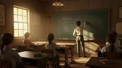 Teacher writing mathematical equations on a chalkboard in a sunlit classroom with attentive students - Powered by Adobe