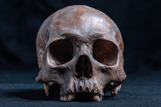 Natural human skull displayed against a pure black background, highlighting anatomical features and texture in a front view perspective