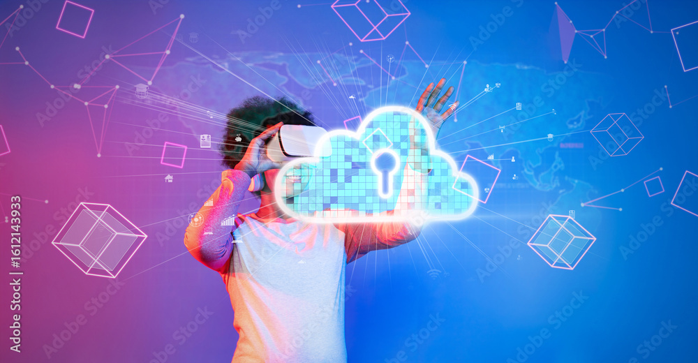 Poster a person uses virtual reality technology to explore cloud computing concepts in a vibrant digital en