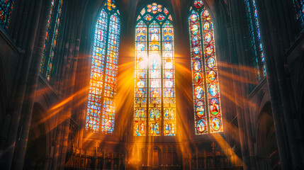 The stained glass window is filled with bright colors and sunlight. The sunlight is shining through the window, creating a warm and inviting atmosphere. The window is located in a church