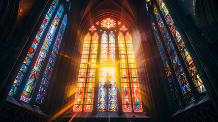 Obraz premium The stained glass window is filled with bright colors and sunlight. The sunlight is shining through the window, creating a warm and inviting atmosphere. The window is located in a church