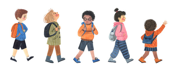 Watercolor illustration of five children walking with backpacks. Hand-painted in a playful, charming style. 