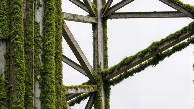 Close-Up of Steel Office Building Structure with Lichens and Forest Background on White