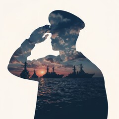 Sailor Salute Silhouette with Navy Warships Naval Military Ship Boat War Duty Courage Command Patriotism Armed forces Sunset Skies