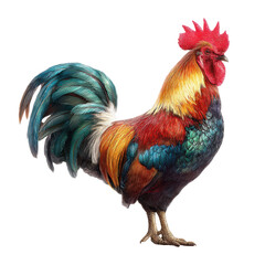 Fototapeta premium Colorful rooster poses elegantly with vibrant feathers showcasing hues of blue, green, red, and yellow in a bright setting