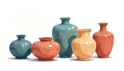 Colorful Ceramic Vases in Artistic Illustration Style in Warm and Cool Tones Representing Decorative Pottery and Modern Craft Design