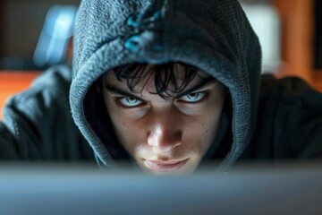 Young man wearing a hoodie intently focused on a laptop, potentially engaging in hacking activities