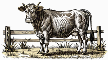 Highly detailed pen and ink drawing of a cow standing near a wooden fence in a grassy field, cross-hatching for shadow under the fence, precise details in the cow musculature and grassy 