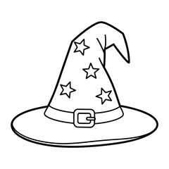 Simple outline drawing of a wizard hat with stars and buckle
