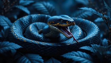 A coiled snake with open jaws and extended tongue, surrounded by blue-toned leaves in a dark jungle setting. Its scales glisten, creating a dramatic and intense atmosphere.